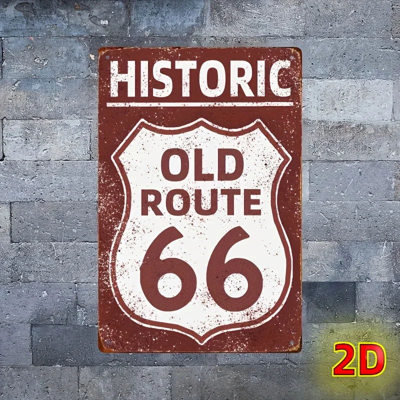 2D Flaches Historisches Route 66 Vintage-Look Retro Metallschild - Langlebiges Eisen-Wandschild, 20x30cm, Perfekt für Zuhause, Bar, Garten, Café