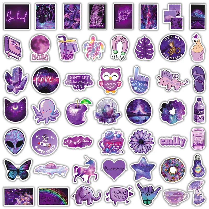 50pcs Ins purple style series graffiti stickers suitable for helmet desktop wall decoration DIY sticker pack with storage box