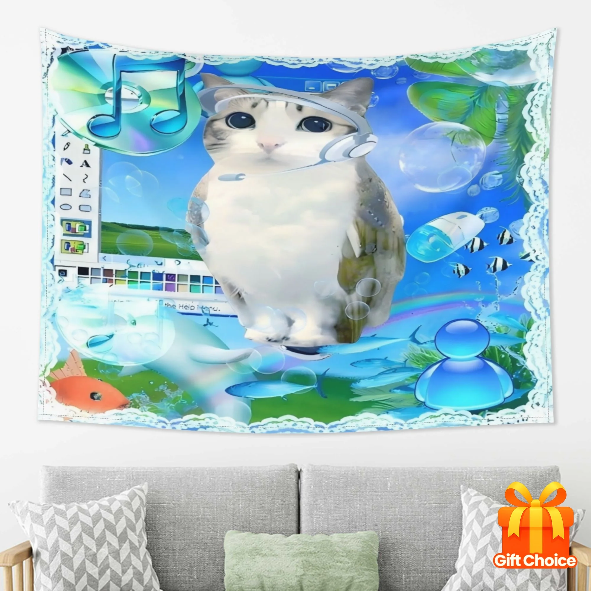 Cute Cartoon Cat Wall Tapestry Ocean Music Bubble Nursery Decor Canvas Print Polyester Art Hanging for Kids Room Boy Girl Bathro