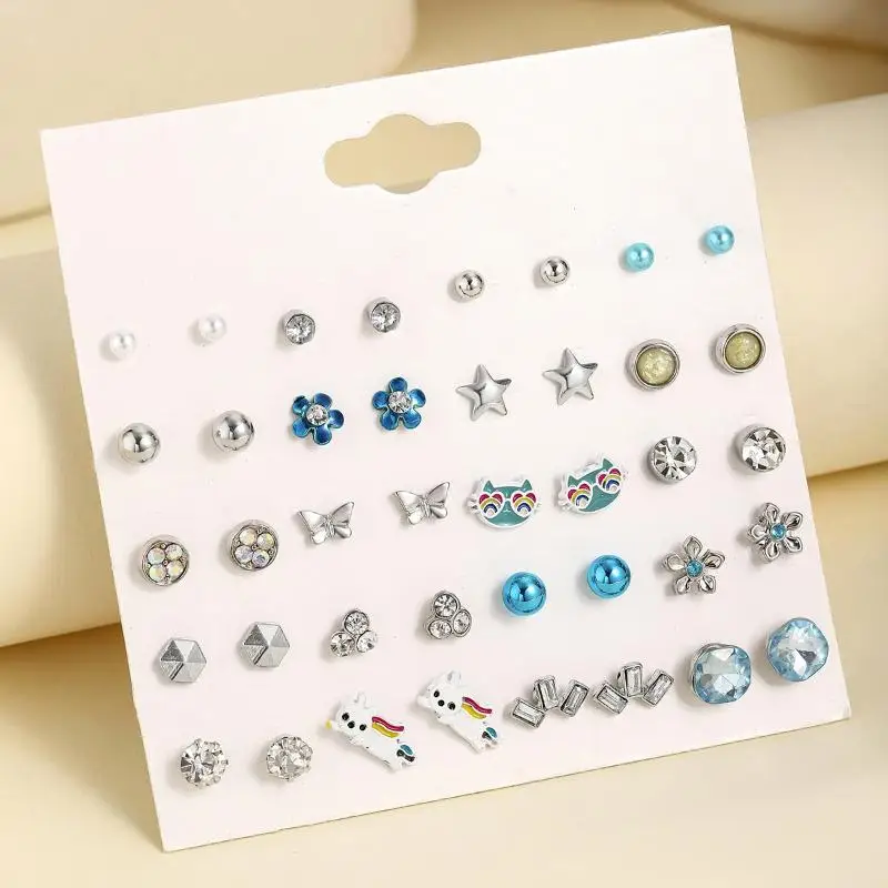 18/20 Pairs Women Colorful Acrylic Crystal Small Stud Earrings Sets Girl Heart Star Flower Moon Crown Plastic Earring Jewelry