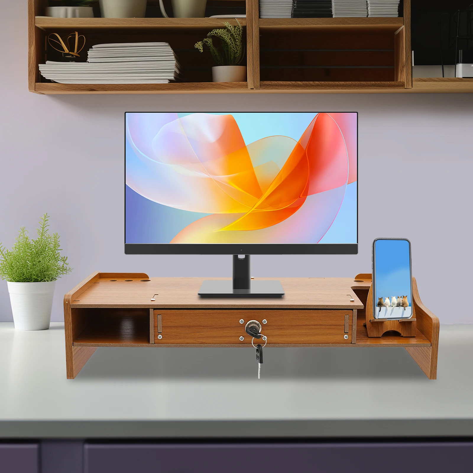 Tabletop Computer Monitor Screen Booster Computer Monitor Stand Computer Rack with Lockable Drawer Monitor Stand