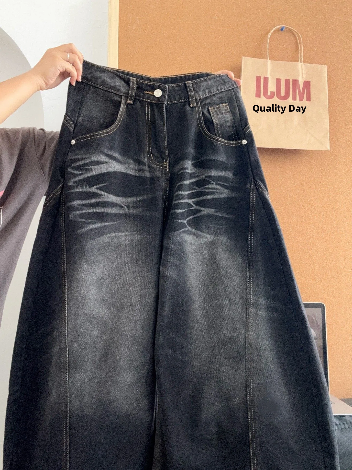 Vaqueros de pierna ancha con efecto degradado lavado y diseño de gato negro para hombre, de marca de moda, resistentes al des...