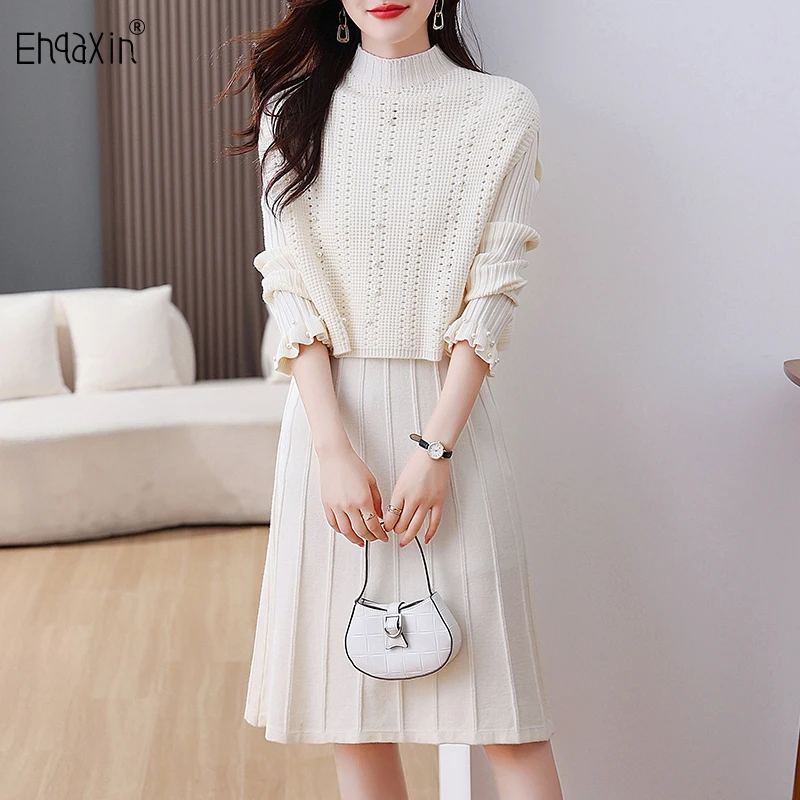 

EHQAXIN Autumn Winter Womens Knitted Dress Set Fashion New Temperament Beaded Vest+Elegant Pleated Loose Sweater Dress Set M-2XL