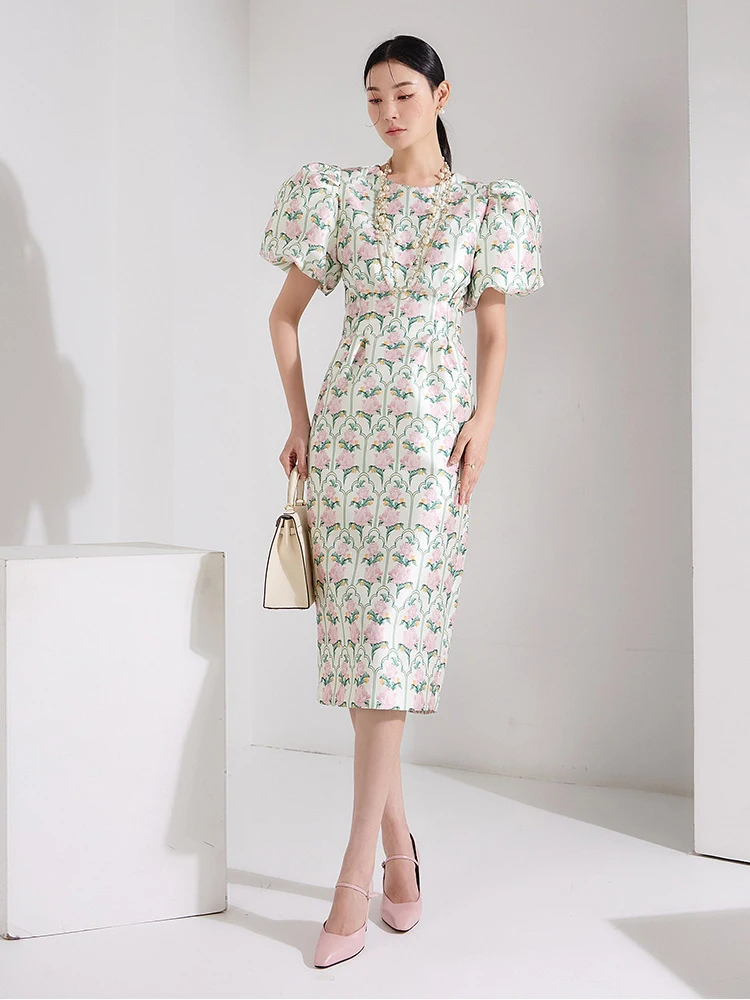 

Elegant Printing Straight Dresses Spring Women Puff Sleeve O Neck Split Dress Summer High Waist Knee Length Package Hip Dress