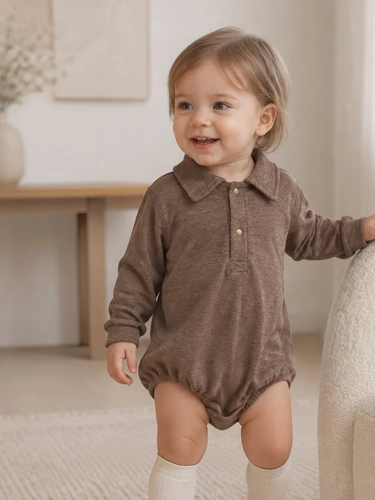 3-24M Casual Baby Bodysuit Turn Down Collar One Piece Clothes For Toddler Boys Girls Solid Color Soft Infant Romper