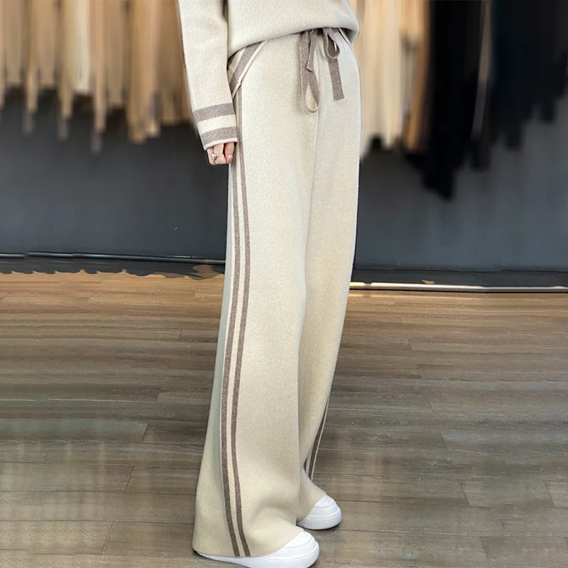 RONGYI 100% Merino Wool Women's O Neck Pullover Suit Autumn/Winter New Fashion Two-Piece Set Casual High Waisted Trousers Suit