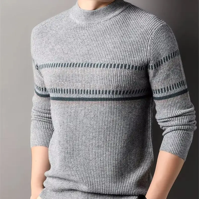 Winter cashmere sweater half turtle neck men's warm thickened black striped cashmere sweater.