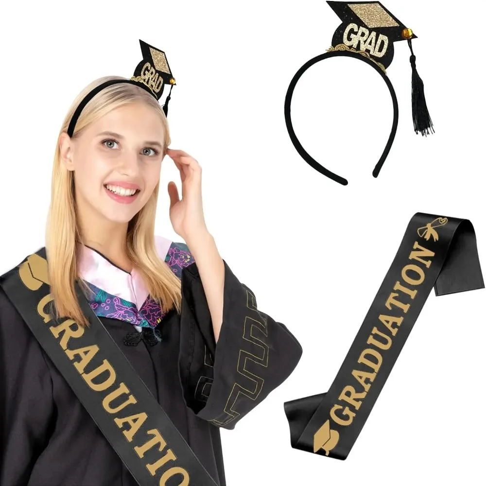 Absolventenkappe, Stirnband, abgestufte Satin-Schärpe, 2024, Abschlussfeier, Dekoration, Zubehör, Foto-Requisiten, Mini-Bachelor-Hut