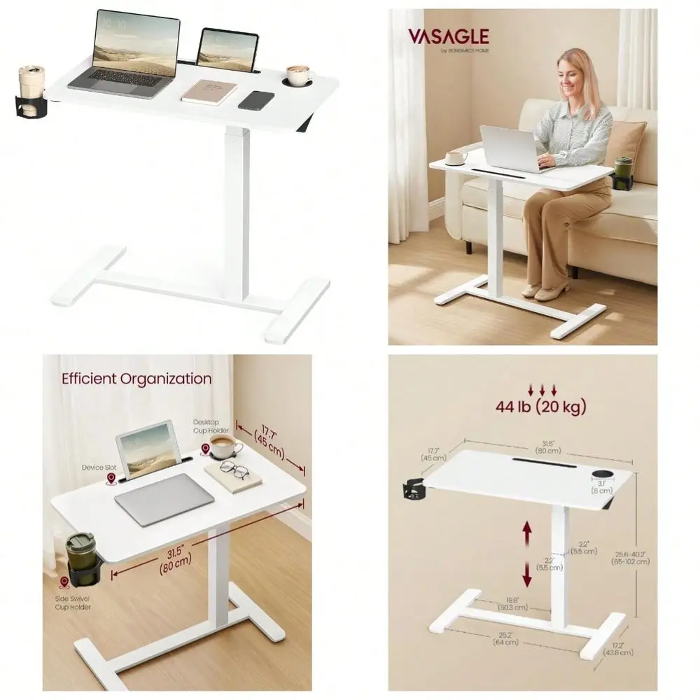 Table With Wheels, Mobile Standing Computer Desk, 31.5 X 17.7 Inches Tabletop, Adjustable Height, 2 Cup Holders, Phone And Tabl
