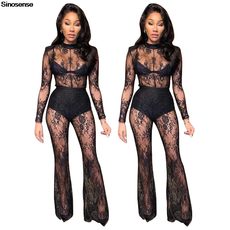 

Women's Sheer Mesh Floral Lace Long Sleeve Mock Neck Bodycon Jumpsuit Unitard Bodysuit Sexy Night Out Clubwear Party Rompers