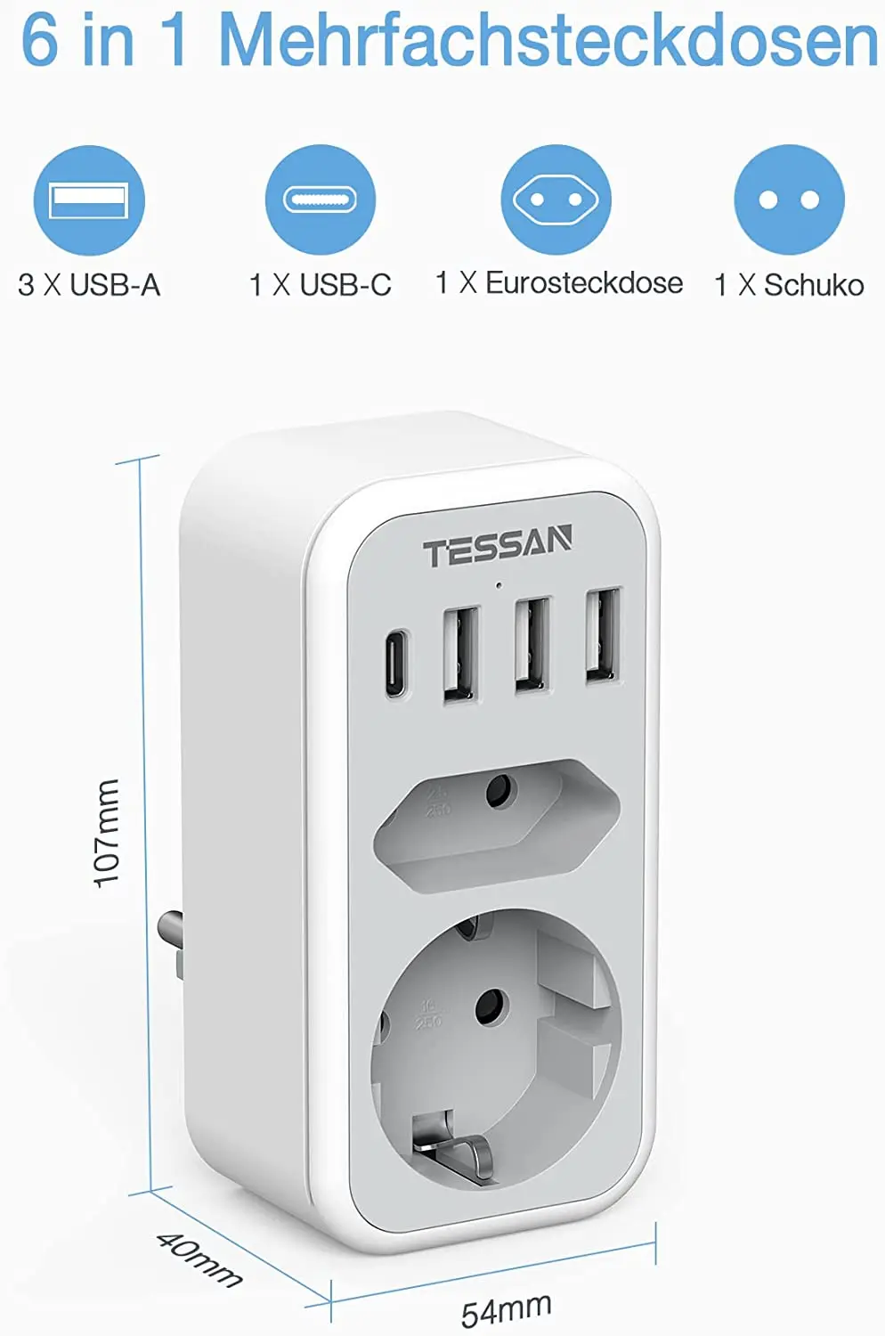 TESSAN Vertical Wall Socket Extender with 2 AC Outlets +3 USB Ports +1 Type C EU Plug Power Adapter Overload Protection for Home