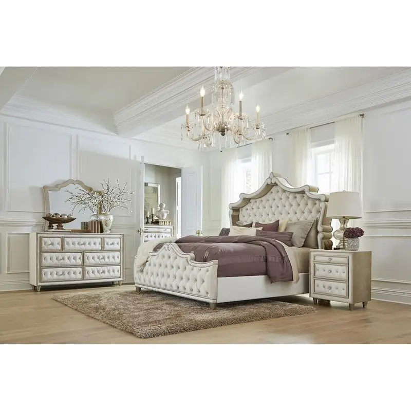 Upholstered 5-Piece Bedroom Set with Ivory Finish and Camel Accents