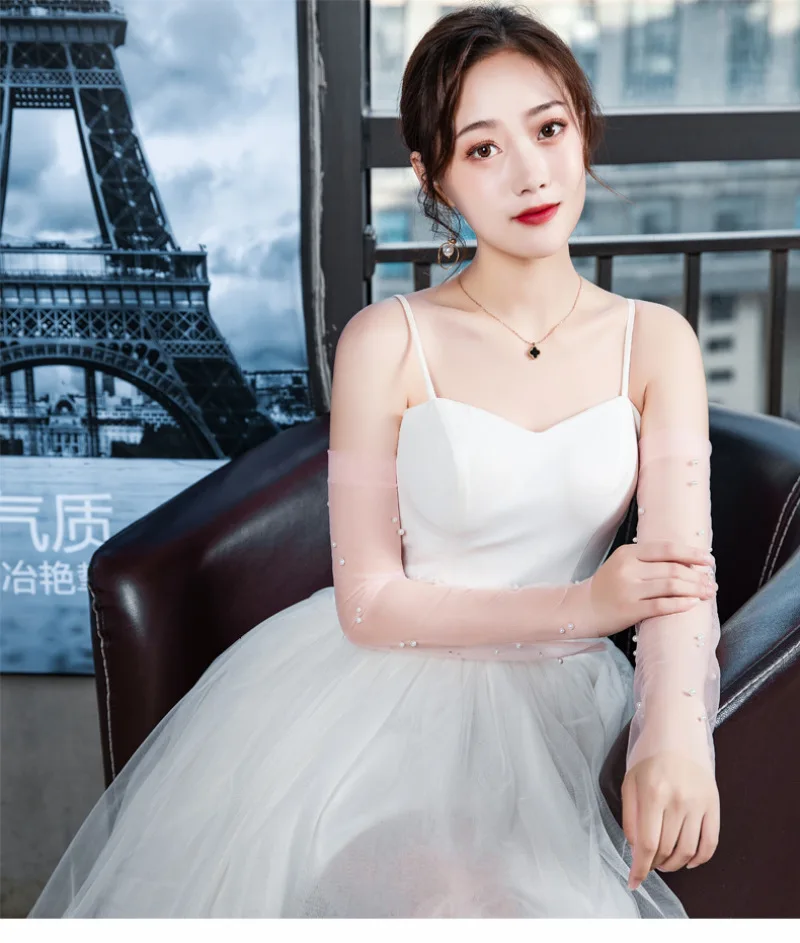 Women Summer Sexy Lace Breathable Transparent Thin Mesh Pearl Long Fingerless Gloves Etiquette Soft Drive Ride Mittens