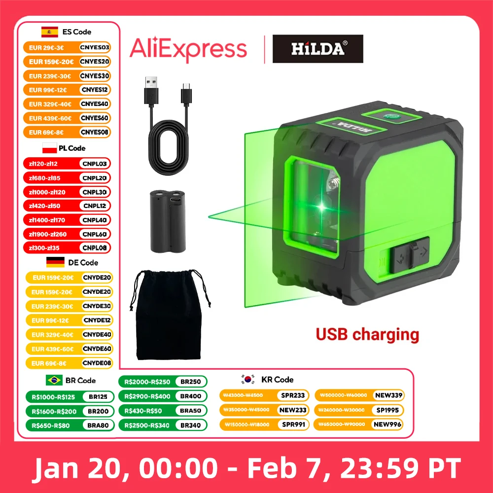 HILDA 2 Lines Mini Laser Level Self Levelling Green Beams Laser Horizontal & Vertical Cross-Line USB Charging