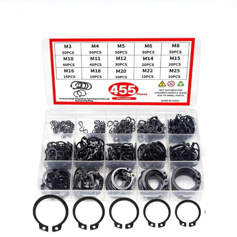 

455 Pieces M3-M25 Carbon Steel Black 65mn Shaft Bearing Fixed Clamp Retainer C Type Wild Card Spring Combination Kit