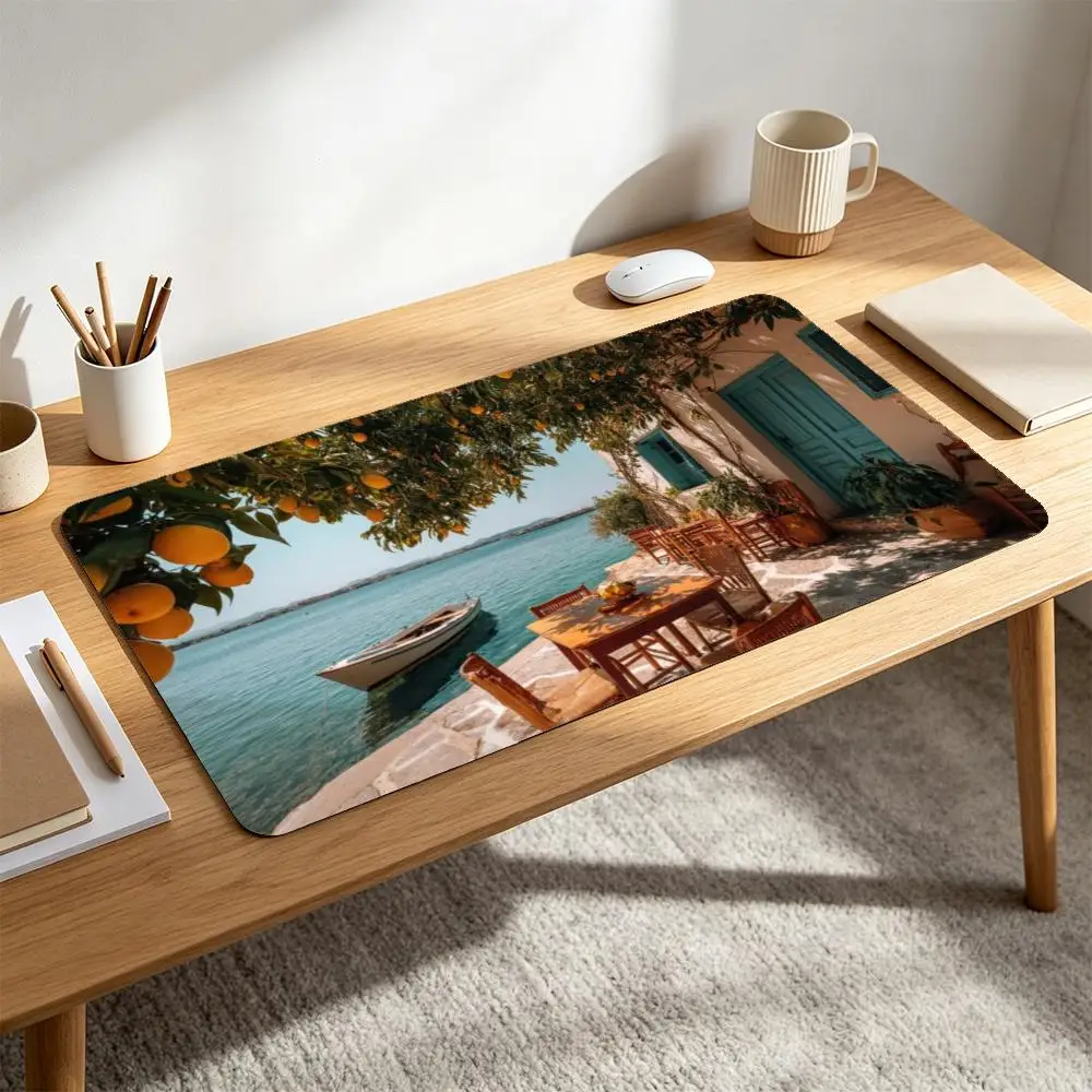 Coastal Lemon Terrace Desk Pad Non Slip Rubber Mousepad Blue Sea Summer Holiday Landscape Large Desk Mat For Gaming Office