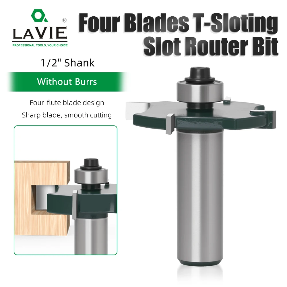 

LAVIE 1pc 1/2" 12.7mm Shank T-Shape Slotting Router Bit, 4 Flute Ball Bearing Guided T-Slot Cutter For Woodworking C13319Z443