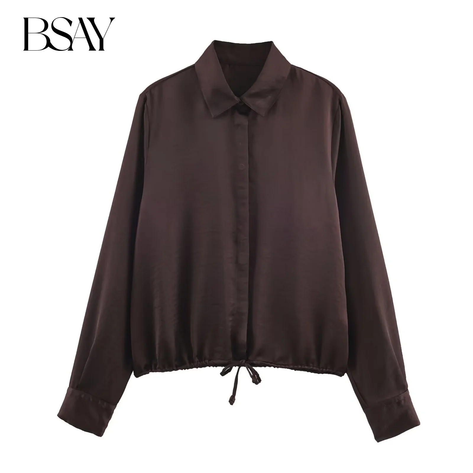 

BSAY Satin Texture Shirt for Women Fashion Autumn Winter New Solid Long Sleeves Single Breasted Lapel Blouse Chic Ladies Top