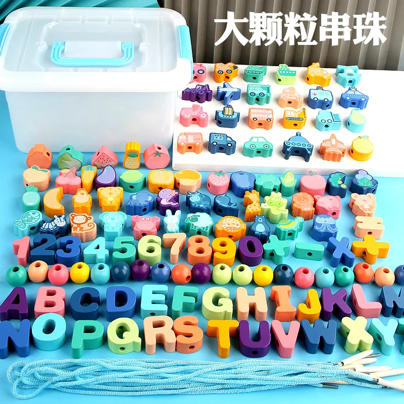 

Wooden children's educational beaded building block Early education toy Animal fruit letter string beaded threading Wooden toy