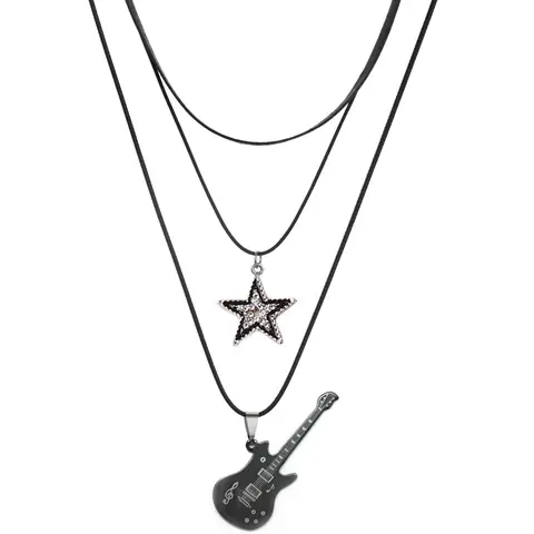 Star Pendant Vintage Necklace Punk Star Choker Rock Roll Guitar Layered Necklace for Women Men Eboy Egirl Bar Party Jewelry