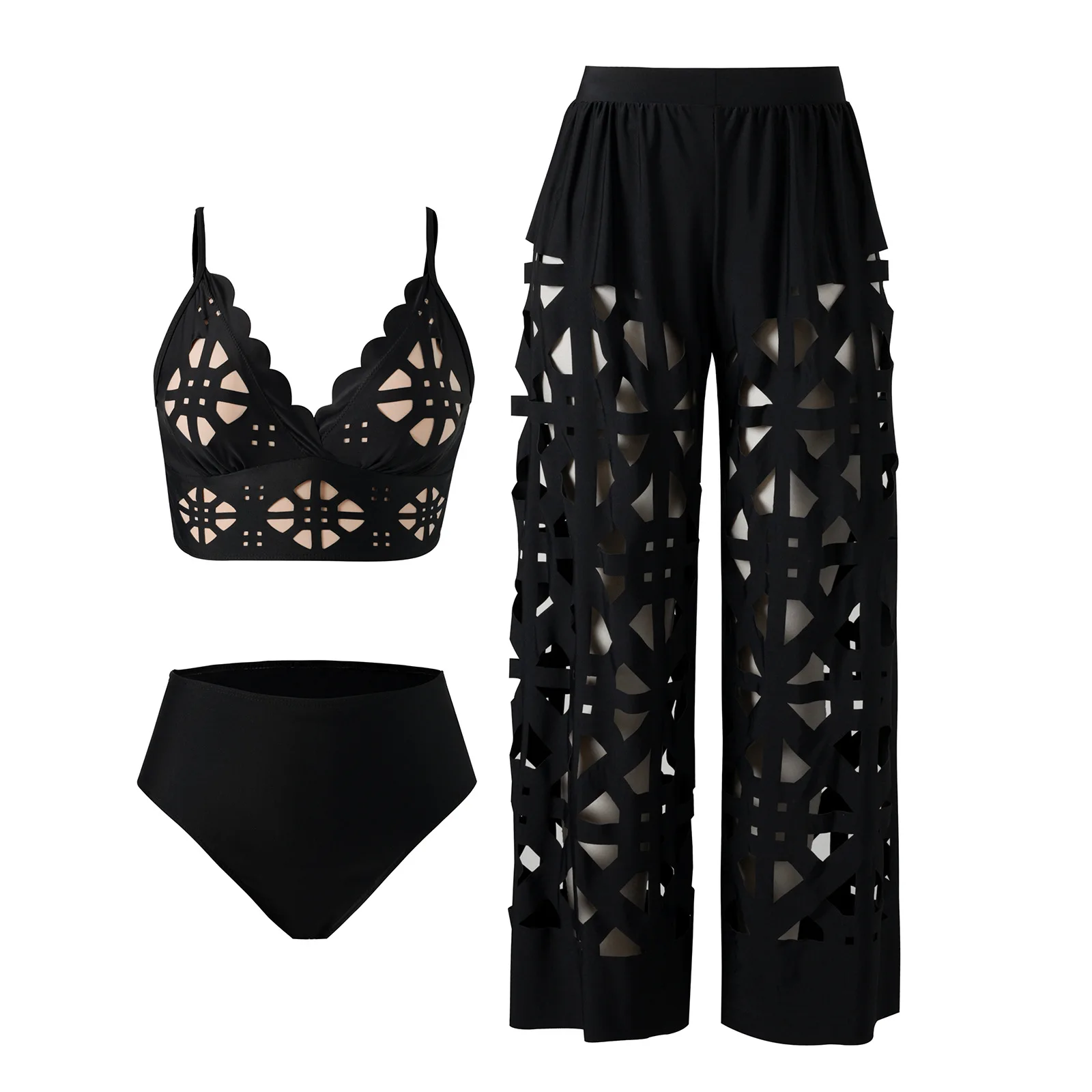 

Women's Sleeveless Two-piece Swimwear Set Summer Beach Vacation Bikini Hollow out Nylon Swimsuit