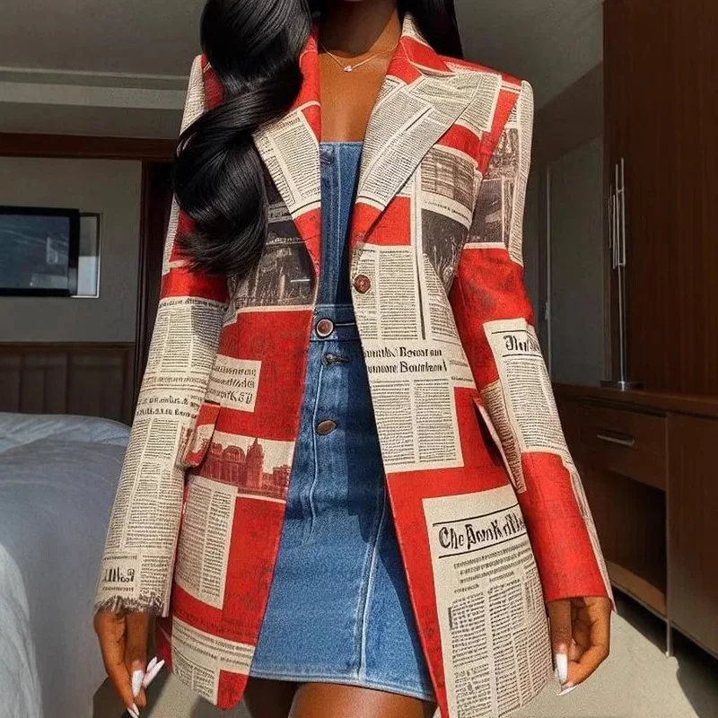 

Autumn Winter Coat Jackets for Women Newspaper Print Pattern Buttoned Notched Collar Streetwear Female Long Blazer Outerwear