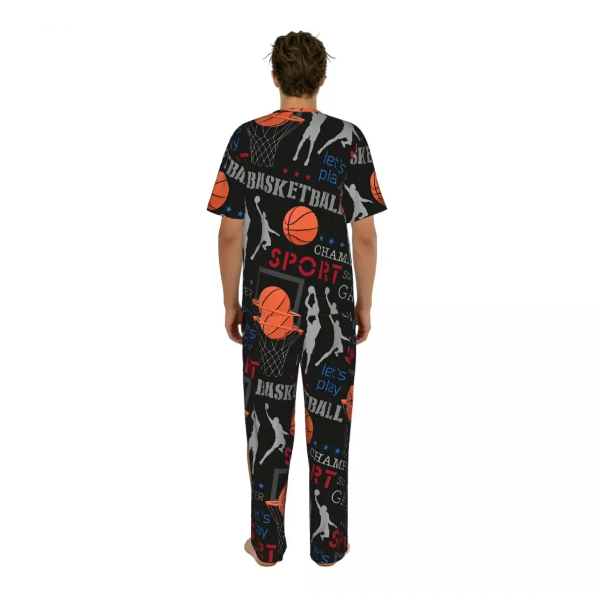 Men Pajamas Suit Short Sleeved Long Pants Basketball Sport Sleepwear Summer Home Clothing Set view 4
