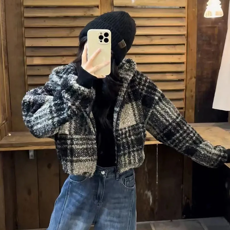 Veste à carreaux en fausse peau de mouton pour femmes, manteau court américain Vintage Street Harajuku Y2K, chaud d'automne à manches longues, vêtements d'extérieur Preppy décontractés