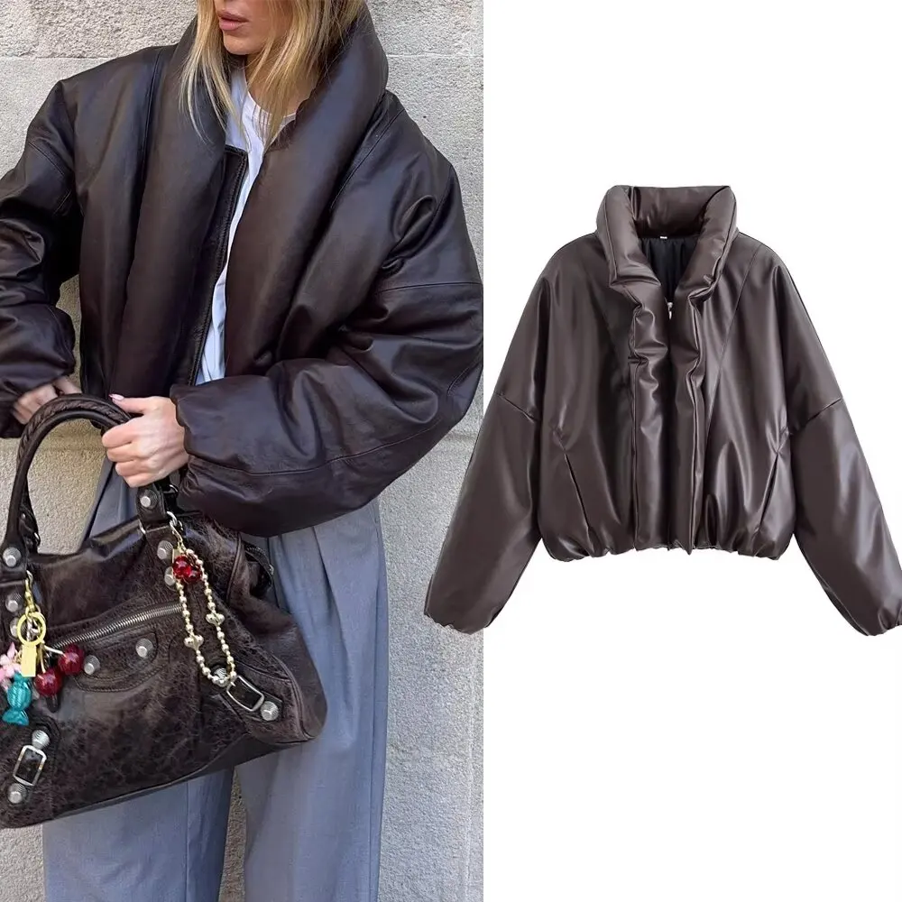 Abrigo con efecto de piel sintética para mujer, chaqueta acolchada con cremallera y solapa grande, estilo motero cálido informal a la moda de otoño e invierno