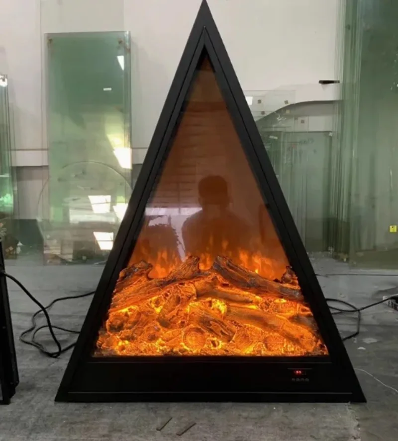 Irregular Shape Triangular Electric Fireplace Heater Black Steel Body Independent Plug & Easy Setup