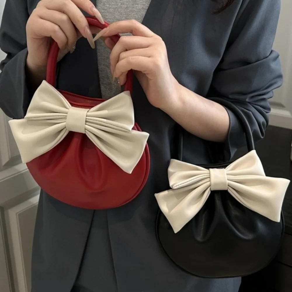 

Simple PU Women Handbag Pleated Bow Design Solid Color Clutch Bag Large Capacity Elegant Tote Bags