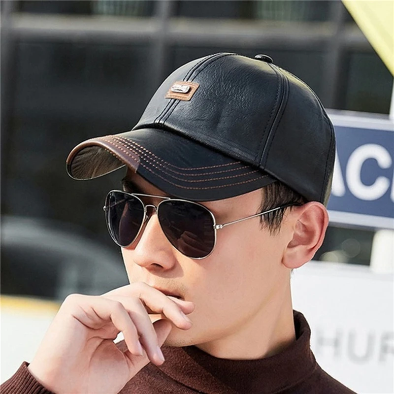 NEW Baseball Cap Casual Fashion Hat Autumn Winter Plus Velvet Cap Simple all-match Leather Baseball Cap For Men