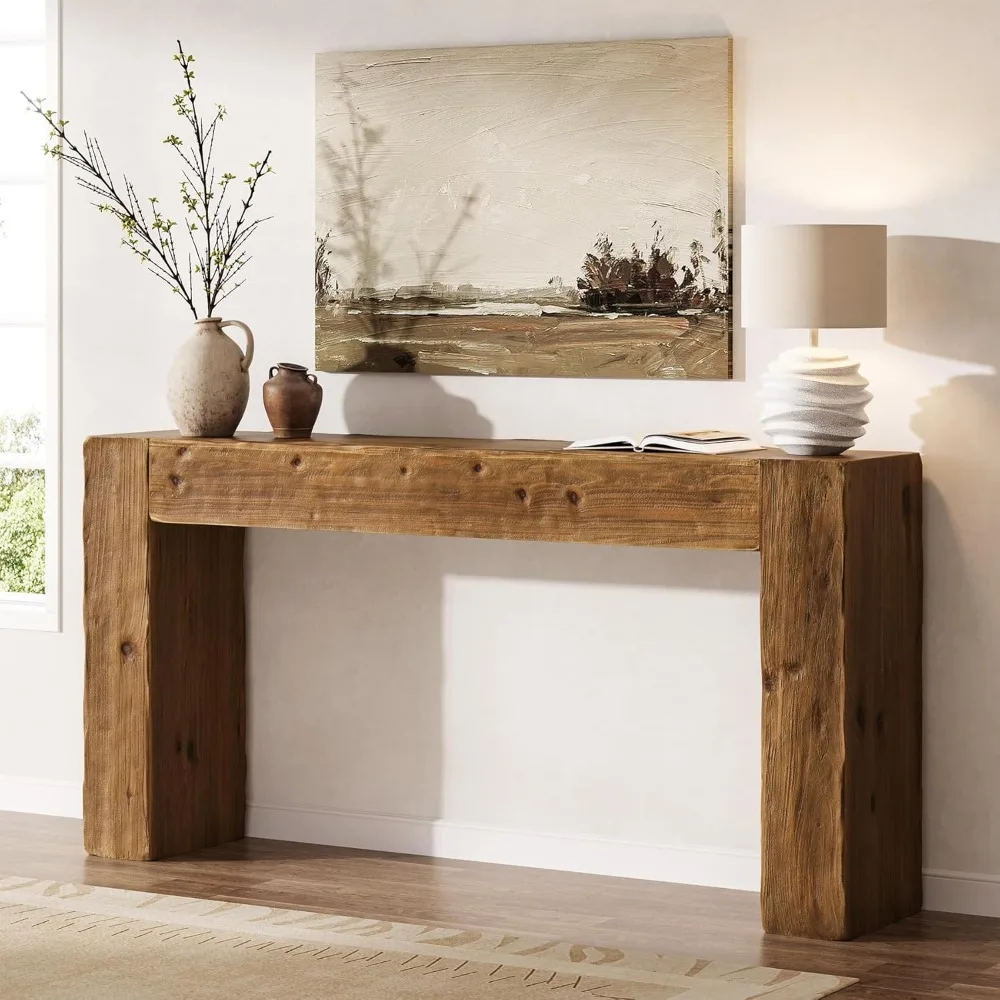 Solid Wood Console Table 63 Inch Rustic Brown Farmhouse Entryway Sofa Table Behind Couch Easy Assembly