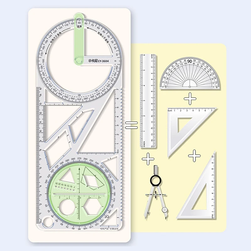 Regla geométrica de dibujo multifuncional para la escuela primaria, regla triangular, juego de transportador de brújula, herramienta de medición