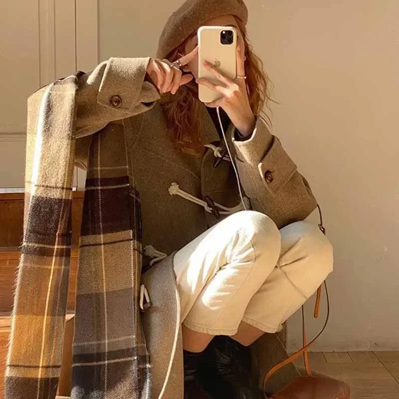 

Wool Blends Women Horn Button Preppy Sweet Japan Style Winter Warm Outwear College Vintage Classic Lovely Femme Simple All-match
