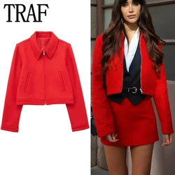 TRAF 2024 Red Tweed Jacket Woman Zipper Vintage Cropped Jacket Women Long Sleeve Elegant Womens Jackets Streetwear Short Coats