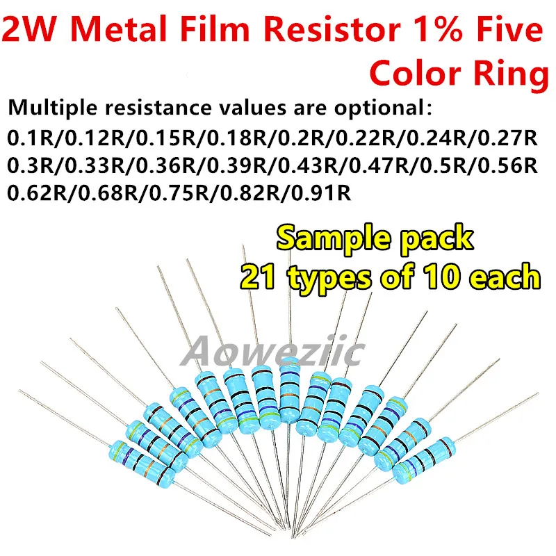 

210pcs/set 21 Kinds 2W Metal Film Resistor Pack 1% 0.1R-0.91R Assorted Kit 0.15R 0.2R 0.33R 0.43R 0.5R 0.68ohm 0.82R Resistors