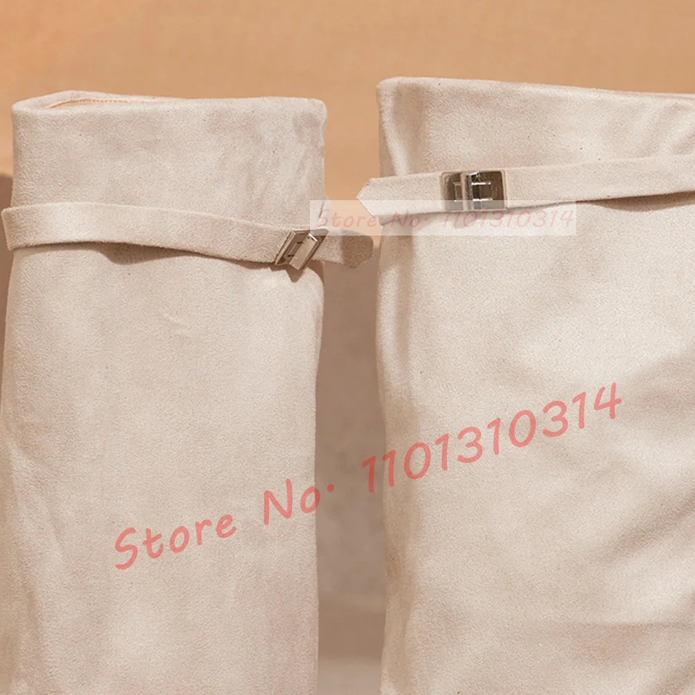 Beige Fold Over Knee Boots Women Slouchy Pointy Suede High Heeled Shoes 2023 Spring Streetwear Ladies Party Wide Fit Strap Boots