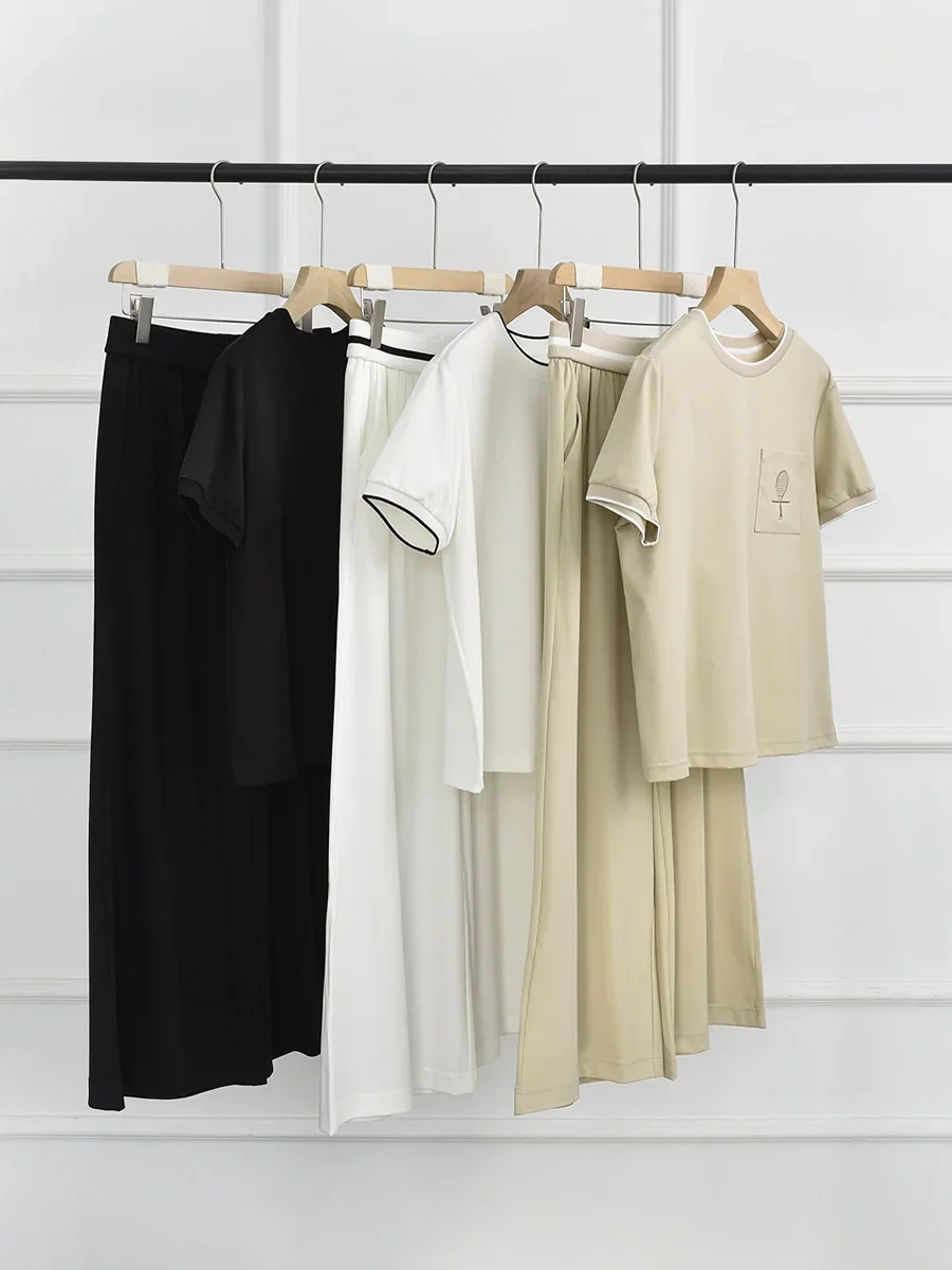 Women's Set 2024 New Embroidery Pockets Round-Neck Short Sleeve T-shirt and Elastic High Waist Solid Color Casual Pants