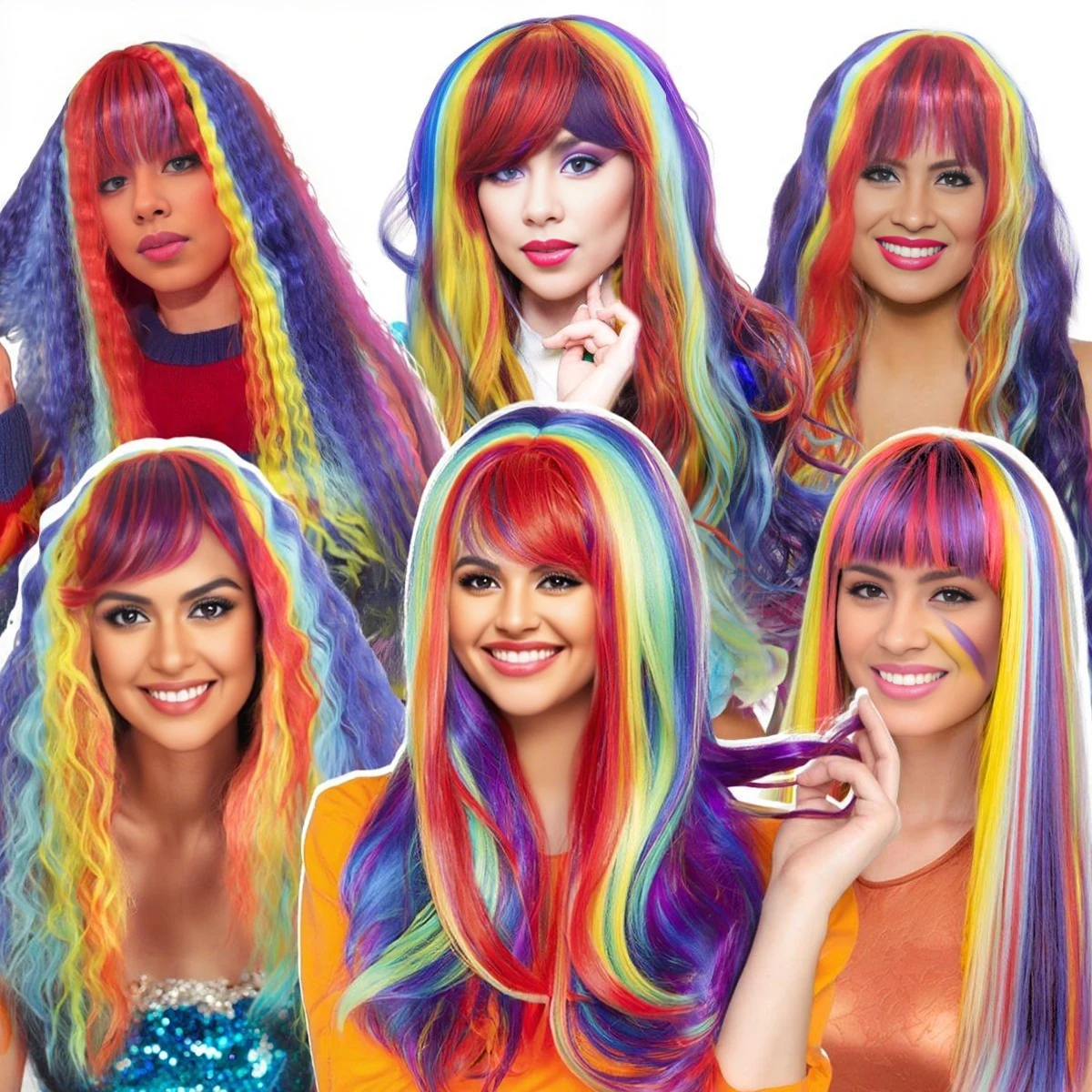 

Dopamine Rainbow-Colored Synthetic Wig with Long Hair, Rainbow-Colored Bangs Lively and Playful, Colorful Straight/Curly Hair, Suitable for Stage, Performance, Party, Festival and Other Occasions