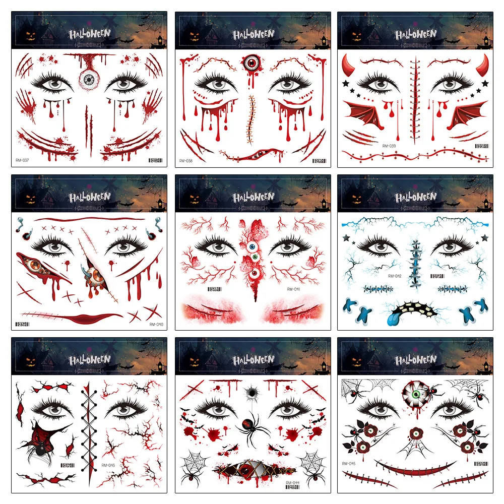 9pcs Halloween Horror Stickers Temporary Tattoos Halloween Disguise Party Role Playing Makeup Props