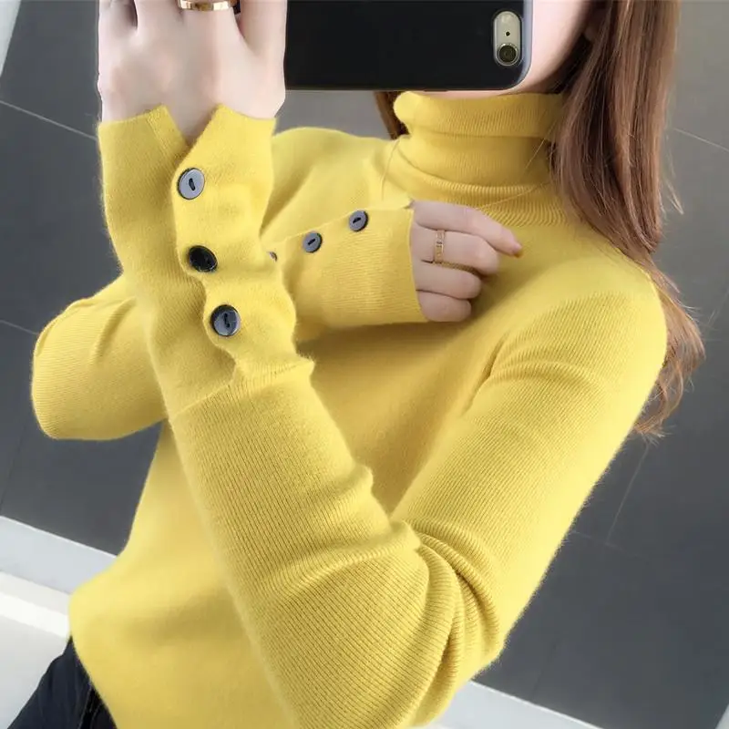 Women's Clothing Solid Color Button Long Sleeve Pullover Half High Collar Sweater Knitted Elegant Autumn Winter Commute Tops