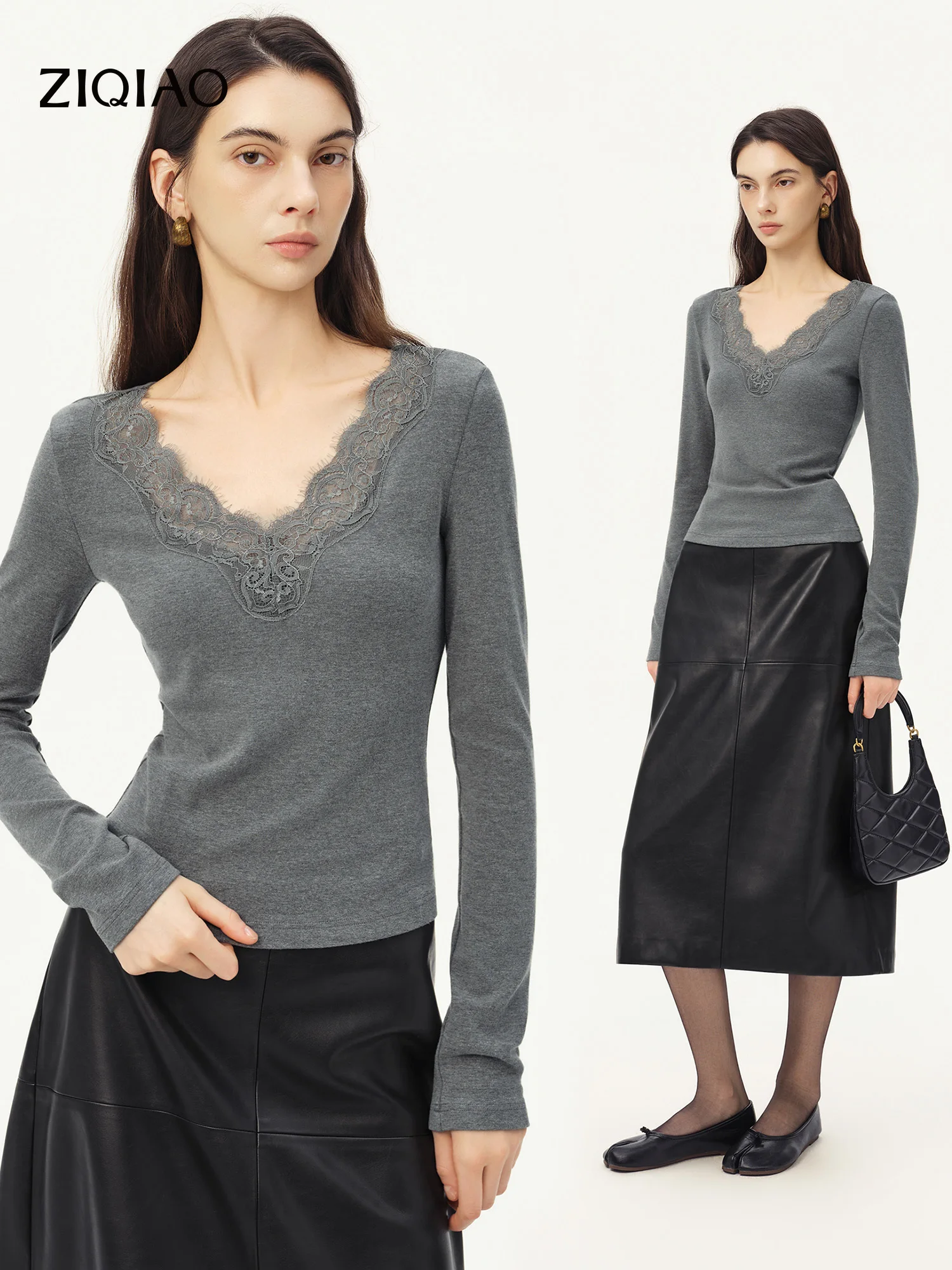 ZIQIAO 2026 Winter Women's Romantic Lace Trim V-Neck Wool Knit Top with Structured Shoulder - Fitted Flattering for Daily Wear