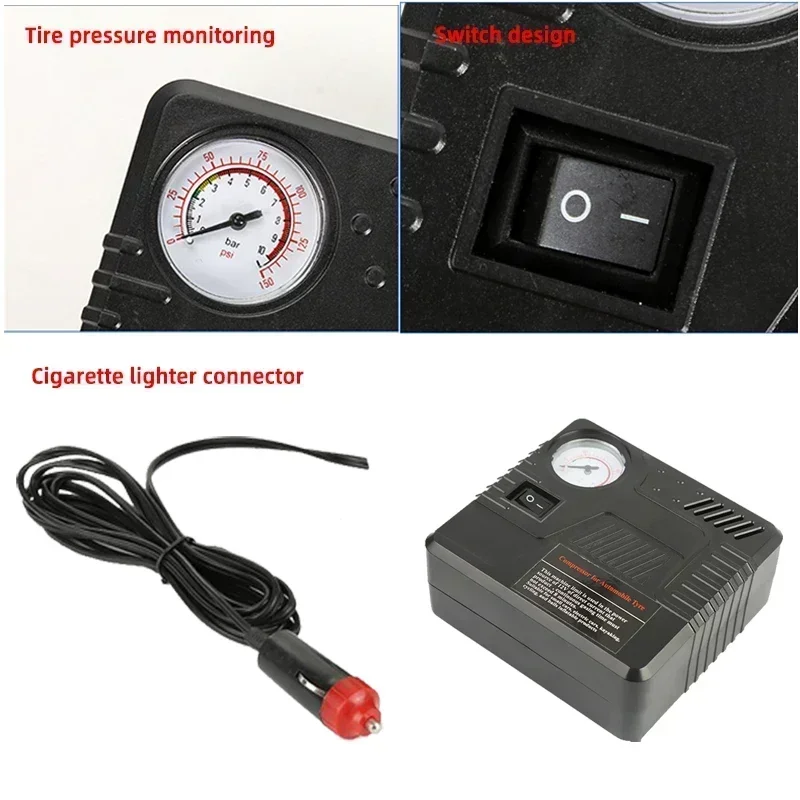 12V Car Emergency Automatic Air Pump DC Tire Inflation Tool Pressure Gauge Cigarette Lighter Connector Compact and Portable