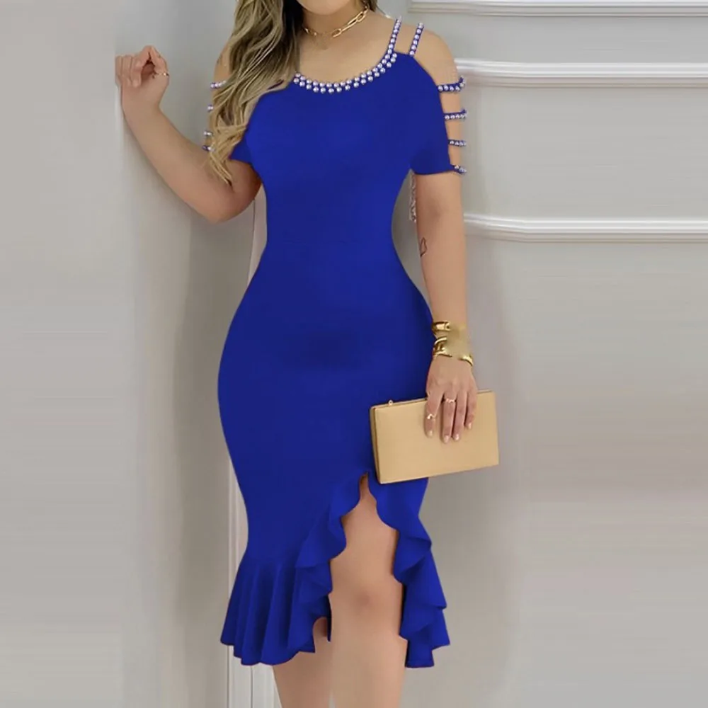 Summer Bodycon Dress Women's Fashion Sexy Ruffled Slit Pearl Hollow Out Sleeve Black Boho Dresses For Women Prom Vestidos New