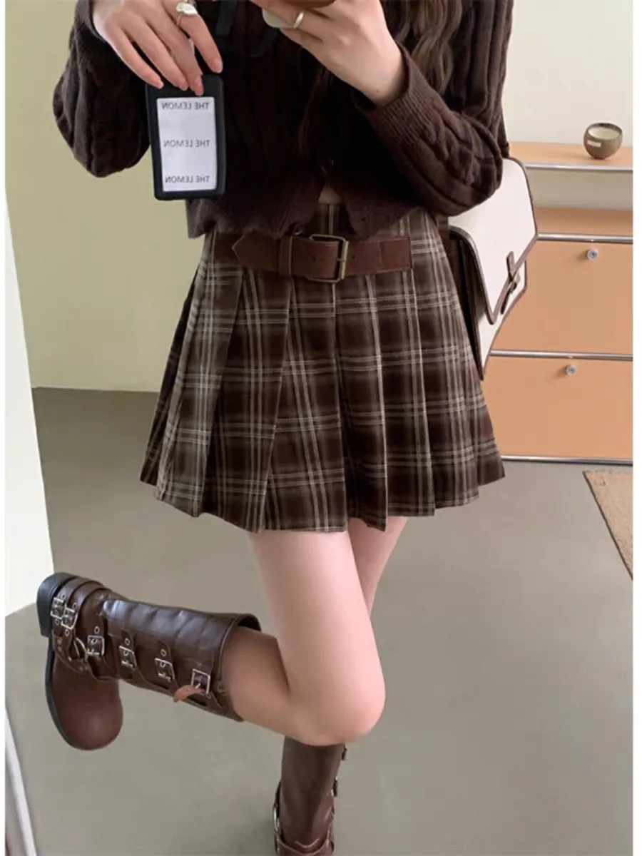 

Korean style College style high waist belt skirt women's plaid pleated skirt a-word short skirt