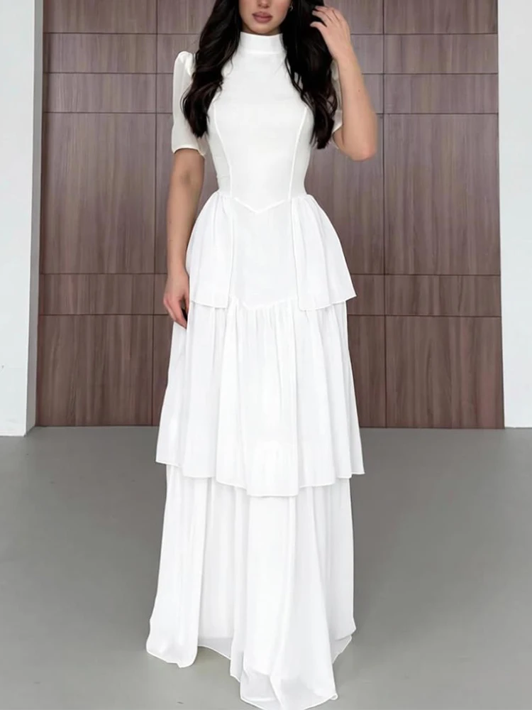 

Элегантное женское платье с высокой талией, многослойное, в стиле «кейк», повседневное, однотонное, длинное, модное, с круглым вырезом, коротким рукавом, А-силуэт