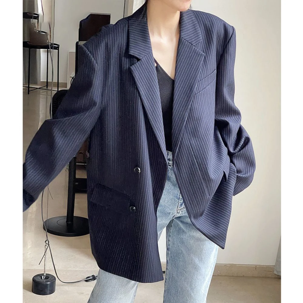 Vintage Striped Padded Lapel Blazer For Women 2023 Spring Fall Modern Wide Shoulder Single Breasted Suit Overcoat Casual Jacket