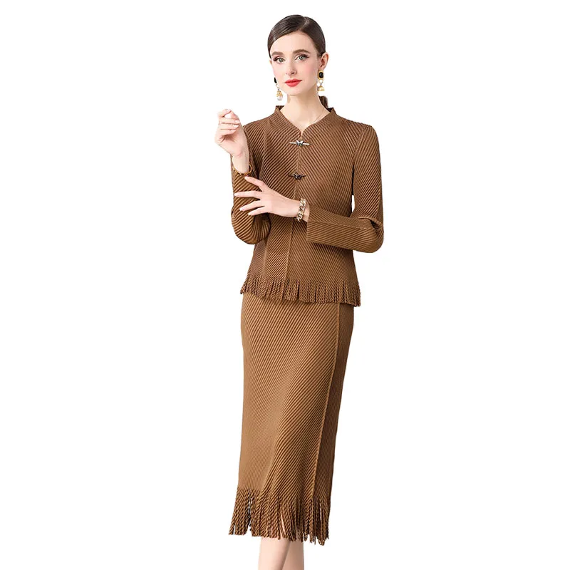 2025 Spring Vintage Tassels Miyake Pleated 2 Pieces Set Women Solid Office Stretch Blouse Top+Elastic Waist Midi Skirt Suit