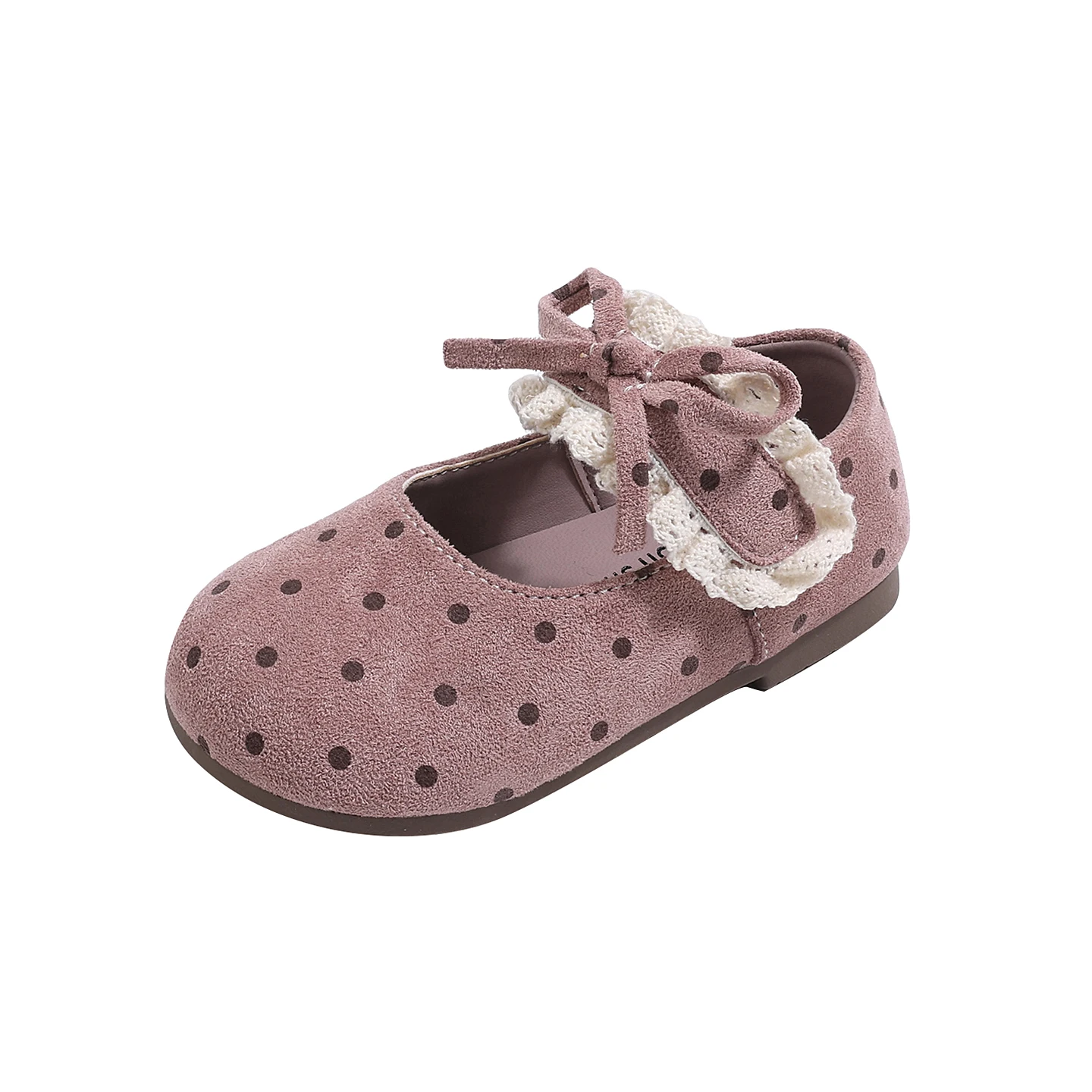 Toddler Girls Mary Jane Shoes, Polka Dot Faux Suede Princess Flats with Lace Bow, Soft Non-Slip Sole Kids Dress Wedding Party